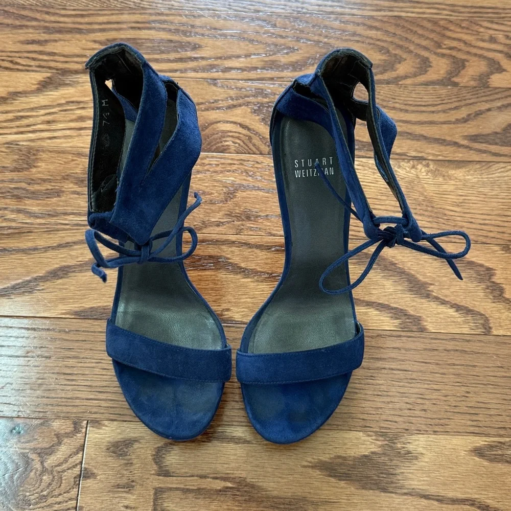 Stuart Weitzman Blue Suede Platform Heels 7.5 Made in Spain Lace-Up Stiletto